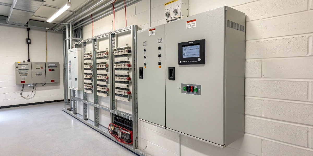 What is an Automatic Transfer Switch A modern Automatic Transfer Switch (ATS) unit mounted on a wall in a clean electrical room