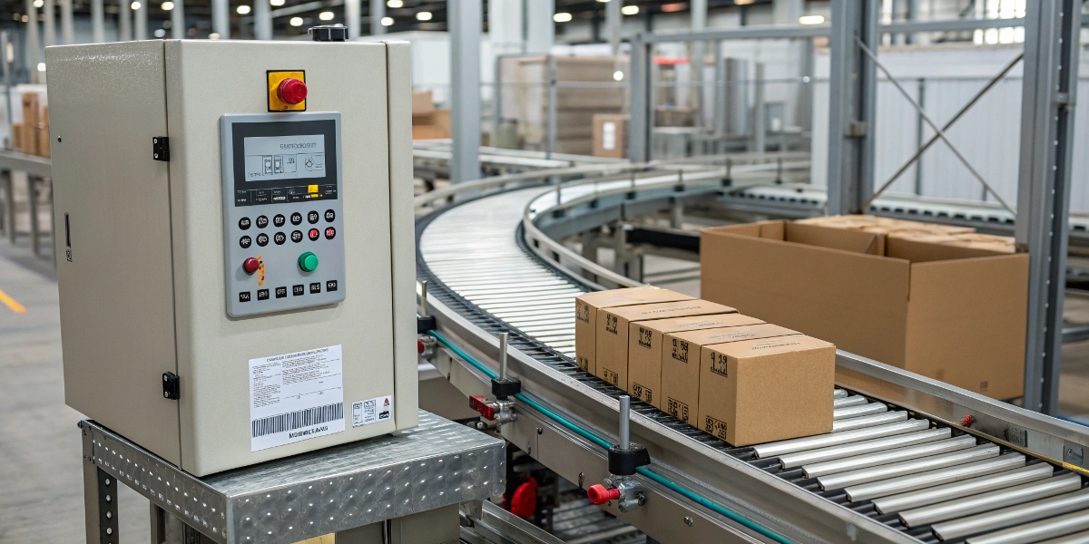 What is a variable frequency drive used for? An industrial conveyor belt system being controlled by a VFD panel