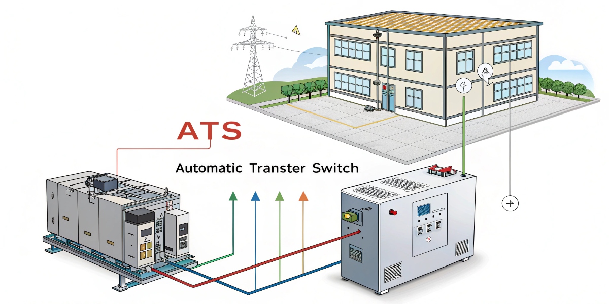 Use of an Automatic Transfer Switch A diagram showing power flow from the utility grid and a generator into an ATS which feeds a building