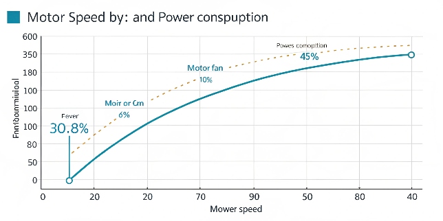VFD Improves Efficiency A graph showing the exponential relationship between motor speed and power consumption in a fan application