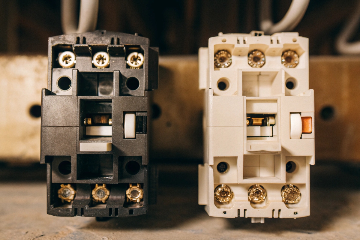 Types of AC contactors Three different sizes or types of AC contactors lined up.
