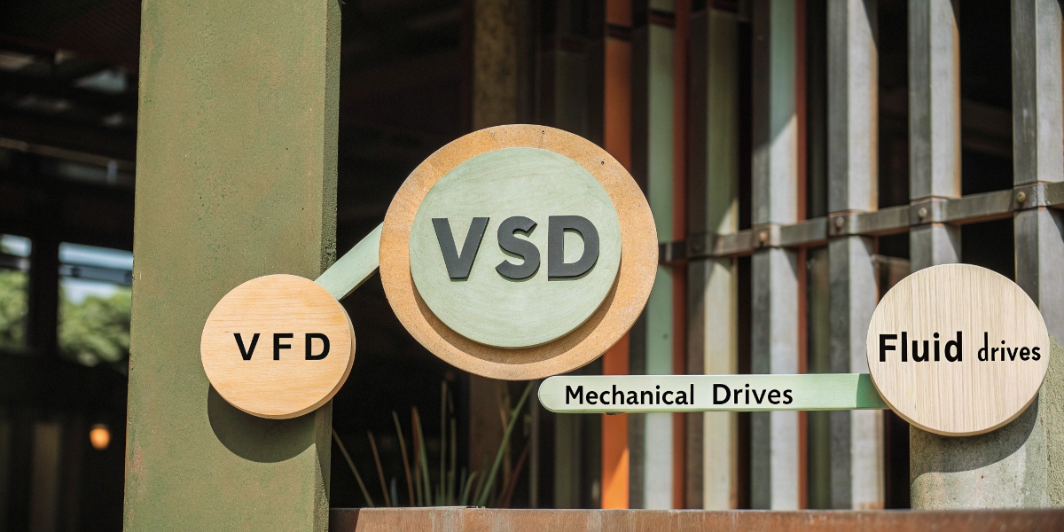 What is the difference between a variable speed drive and a VFD? A diagram showing VSD as a large circle with VFD, mechanical drives, and fluid drives as smaller circles inside