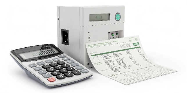 Calculate Energy Savings with VFD A calculator and an electricity bill next to a VFD unit, symbolizing calculating savings