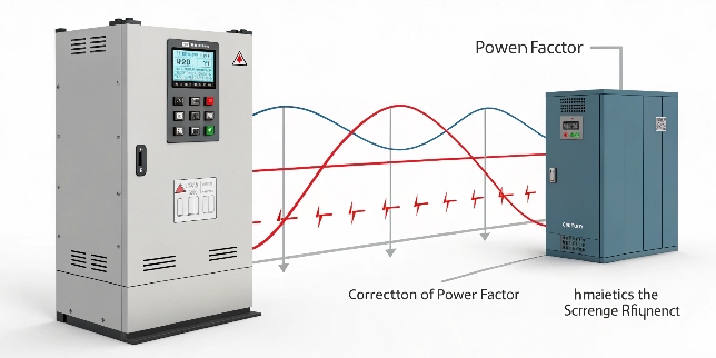 VFD Improves Power Factor An animation showing the correction of power factor from poor (0.7) to near-perfect (0.98) with a VFD