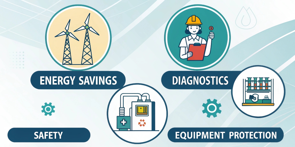 What are the advantages of VFD? An infographic showcasing icons for energy savings, diagnostics, safety, and equipment protection