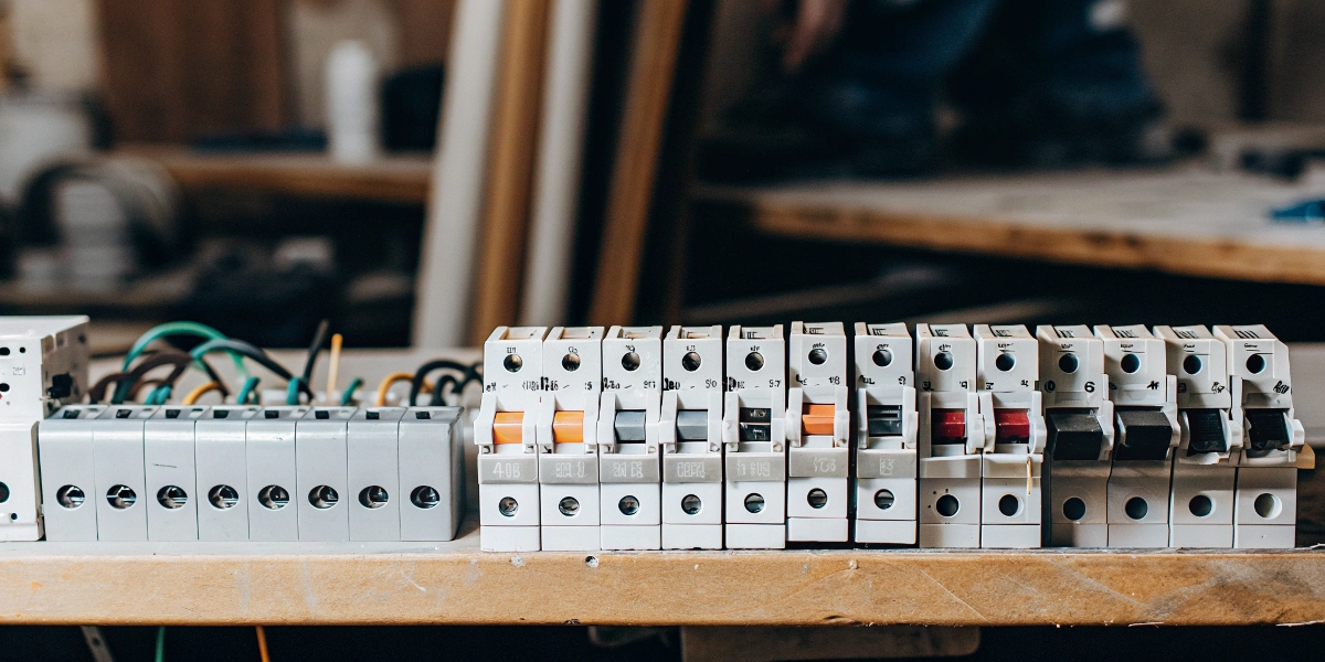 Standard Circuit Breaker Sizes A variety of standard-sized circuit breakers lined up on a workshop bench.