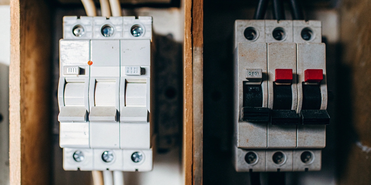 Single-Pole vs. Double-Pole Breaker Side-by-side comparison of a single-pole and a double-pole circuit breaker.