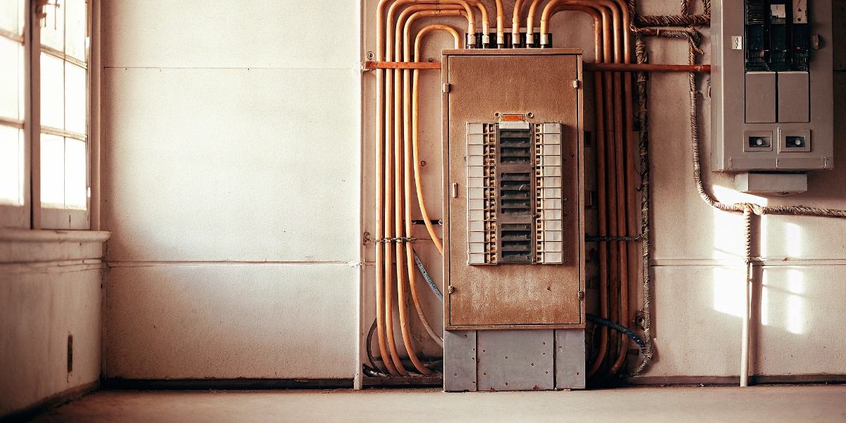 An older but well-maintained Square D electrical panel in a clean utility room