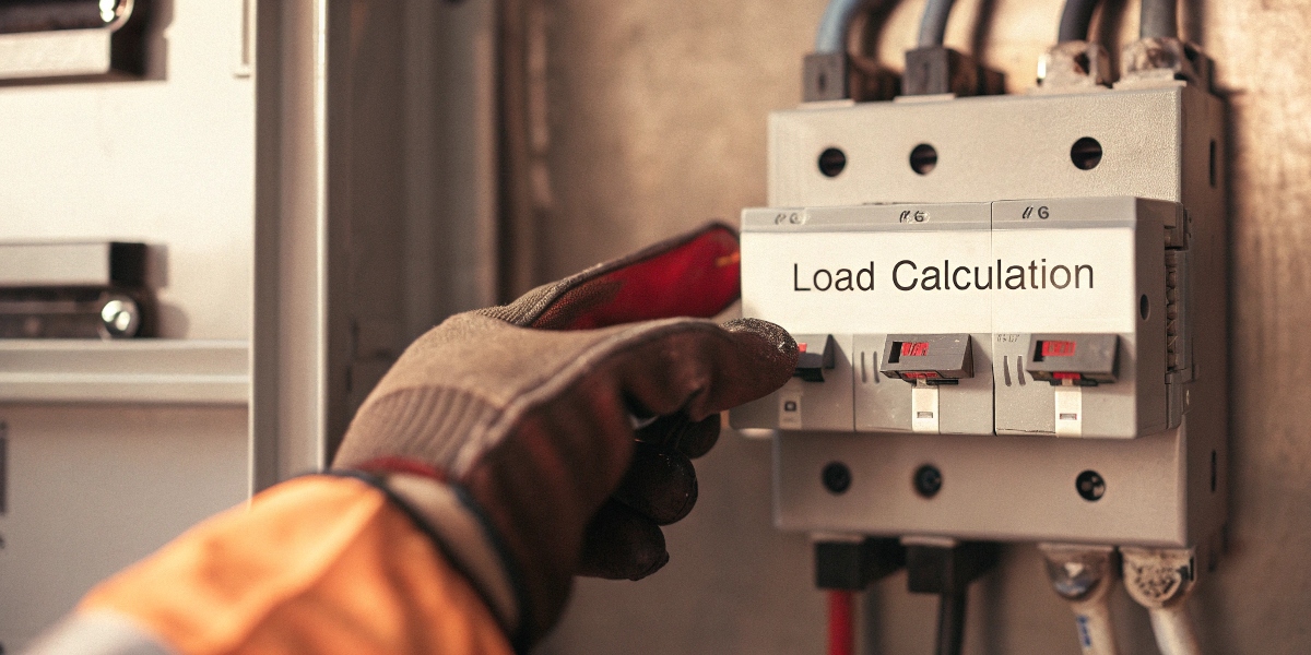 The 80% Rule for Breakers An electrician pointing to a circuit breaker in a panel with a label indicating its load calculation.