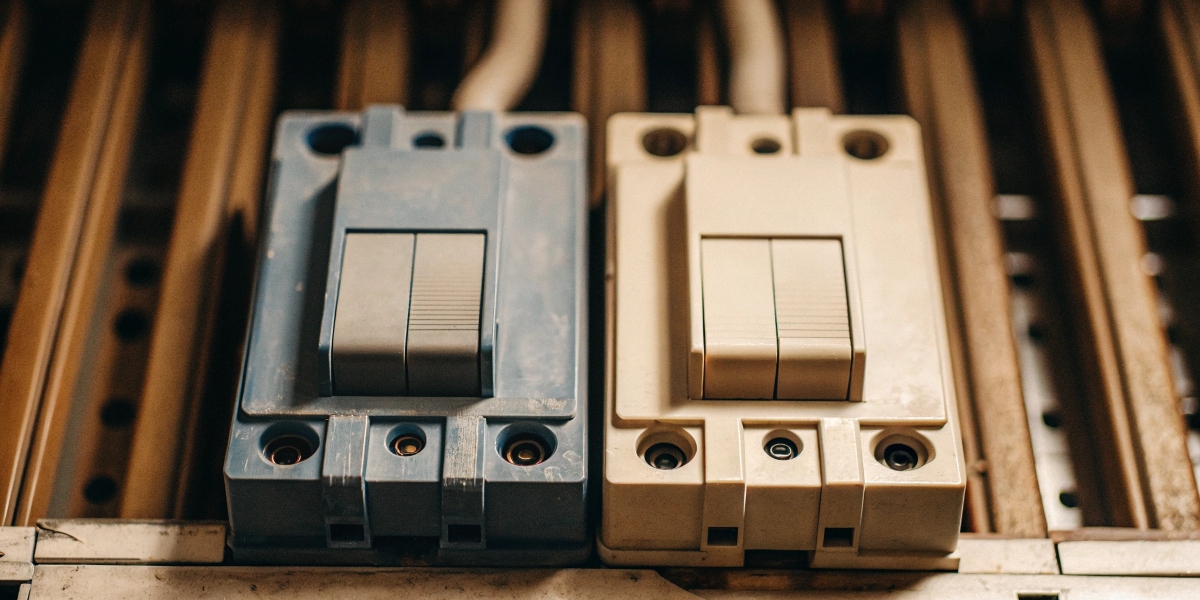 A Square D breaker and an Eaton breaker side-by-side, highlighting mismatching designs