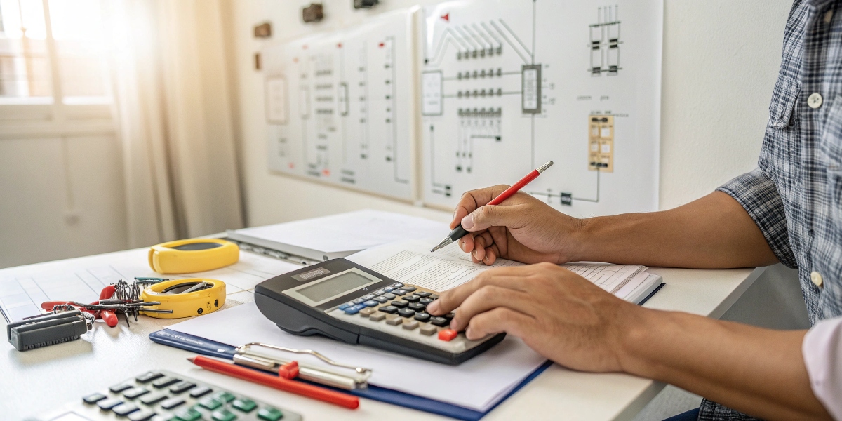 Calculating Breaker Size A person using a calculator with an electrical schematic in the background to determine breaker size.